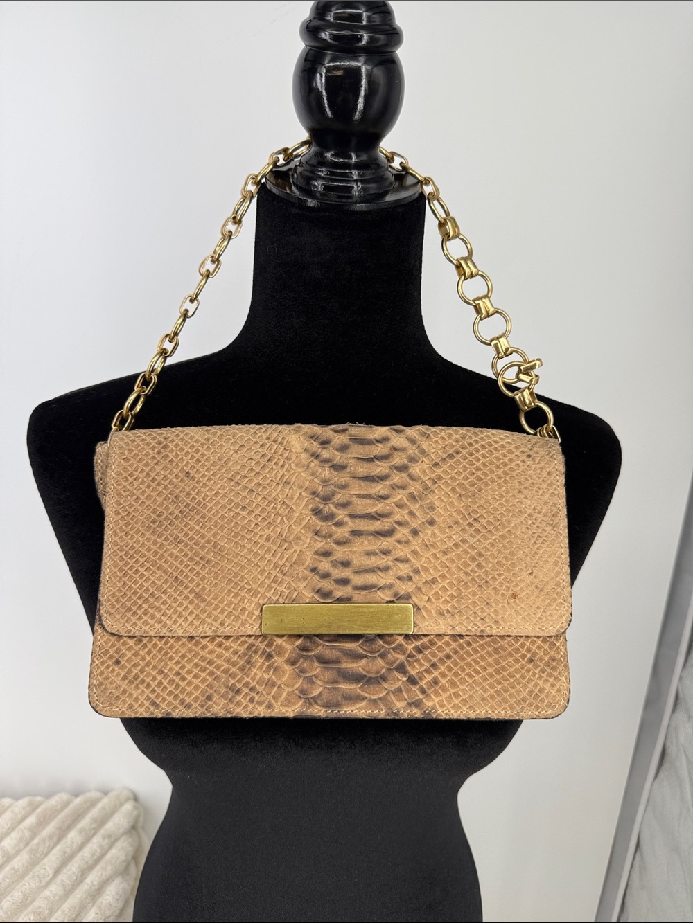Zara Tan Snake-Embossed Shoulder Bag with suede interior & Gold Chain